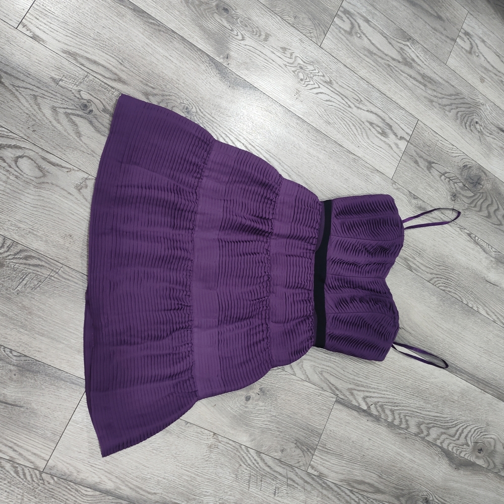 BCBGMaxAzria Purple Smocked Tiered Mini Dress with Black Waistband